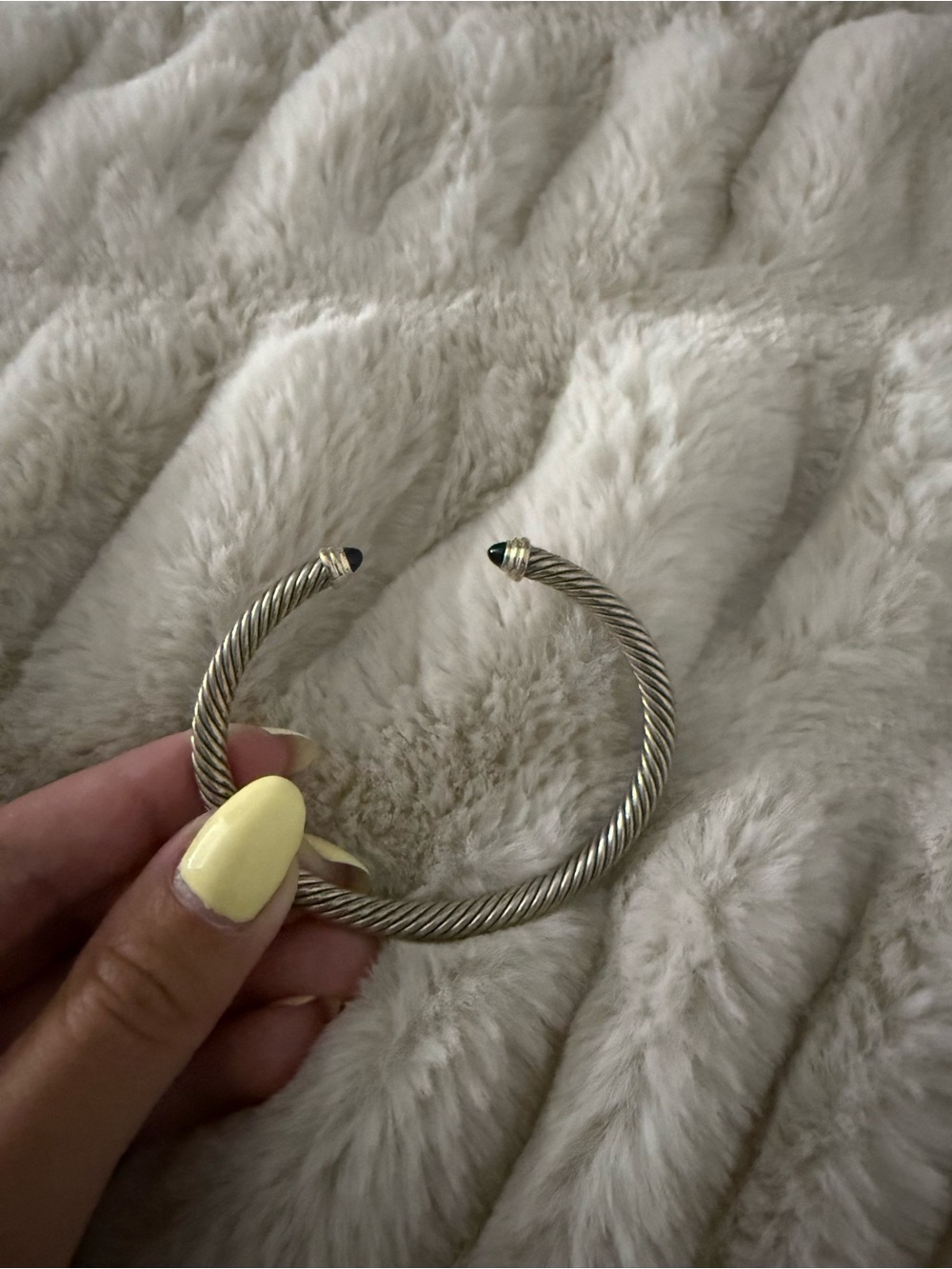 David Yurman Silver Cable Cuff Bracelet with Black Stone Ends